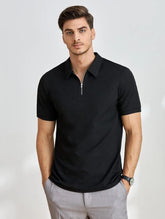 BLACK MEN SOLID QUARTER ZIP POLO SHIRT