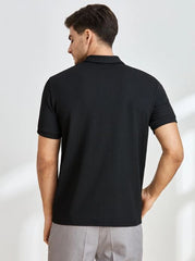 BLACK MEN SOLID QUARTER ZIP POLO SHIRT