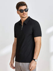 BLACK MEN SOLID QUARTER ZIP POLO SHIRT