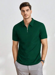 FOREST GREEN MEN SOLID QUARTER ZIP POLO SHIRT