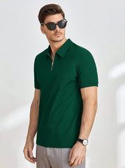 FOREST GREEN MEN SOLID QUARTER ZIP POLO SHIRT