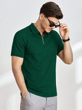 FOREST GREEN MEN SOLID QUARTER ZIP POLO SHIRT