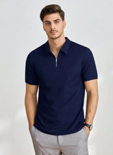 NAVY BLUE MEN SOLID QUARTER ZIP POLO SHIRT