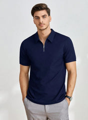 NAVY BLUE MEN SOLID QUARTER ZIP POLO SHIRT
