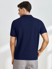 NAVY BLUE MEN SOLID QUARTER ZIP POLO SHIRT