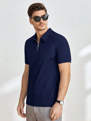 NAVY BLUE MEN SOLID QUARTER ZIP POLO SHIRT