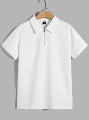 WHITE MEN SOLID QUARTER ZIP POLO SHIRT