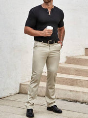 BLACK MEN T-SHIRTS FIT V NECK SHORT SLEEVE HENLEY