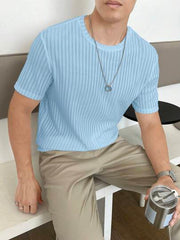 SKY BLUE MEN SOLID RIBBED KNIT TEE