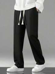 BLACK MEN DRAWSTRING WAIST STRAIGHT LEG PANTS