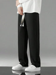 BLACK MEN DRAWSTRING WAIST STRAIGHT LEG PANTS