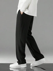 BLACK MEN DRAWSTRING WAIST STRAIGHT LEG PANTS
