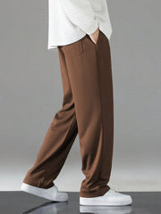 DARK BROWN MEN DRAWSTRING WAIST STRAIGHT LEG PANTS