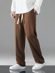 DARK BROWN MEN DRAWSTRING WAIST STRAIGHT LEG PANTS
