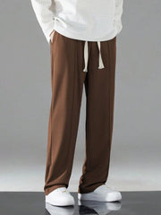 DARK BROWN MEN DRAWSTRING WAIST STRAIGHT LEG PANTS