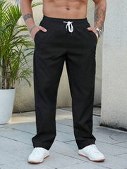 BLACK MEN DRAWSTRING WAIST STRAIGHT LEG TROUSERS