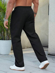 BLACK MEN DRAWSTRING WAIST STRAIGHT LEG TROUSERS