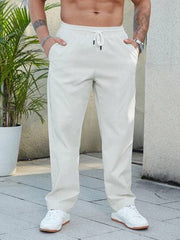 WHITE MEN DRAWSTRING WAIST STRAIGHT LEG TROUSERS