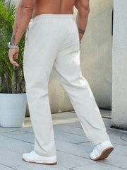 WHITE MEN DRAWSTRING WAIST STRAIGHT LEG TROUSERS