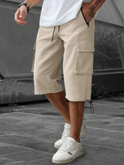 BEIGE FLIP POCKET DRAWSTRING WAIST SHORTS