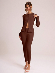 RIBBED BUTTON THROUGH LONG SLEEVE CREW NECK TOP & LEGGING SET