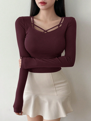 WOMEN'S SOLID COLOR SWEETHEART NECK LONG SLEEVE CASUAL RIBBED T-SHIRT