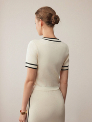 PREMIUM CONTRAST TRIM SHORT SLEEVE KNIT TOP