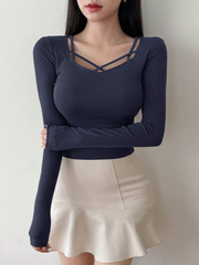 WOMEN'S SOLID COLOR SWEETHEART NECK LONG SLEEVE CASUAL RIBBED T-SHIRT