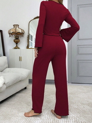 DRAWSTRING WAIST RUCHED FLARED LONG SLEEVE PAJAMA SET