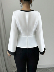 WOMEN'S CONTRAST COLOR SPLICE ROUND NECK CASUAL SHIRT