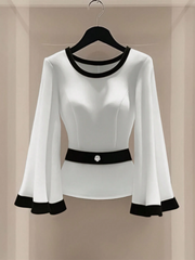 WOMEN'S CONTRAST COLOR SPLICE ROUND NECK CASUAL SHIRT