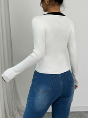 WOMEN'S ELEGANT FITTED CONTRAST COLOR BOW DECOR V-NECK TOP