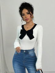 WOMEN'S ELEGANT FITTED CONTRAST COLOR BOW DECOR V-NECK TOP