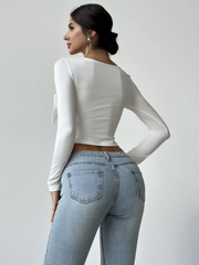 WOMEN'S ELEGANT CUTE ROMANTIC BOW DECOR MOCK NECK LONG SLEEVE FITTED TOP