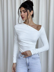 WOMEN REGULAR SOLID COLOR ASYMMETRICAL COLLAR LONG SLEEVE RUFFLE FITTED TOP