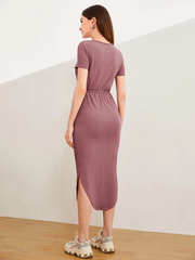 BUTTON FRONT DRAWSTRING SPLIT HEM DRESS