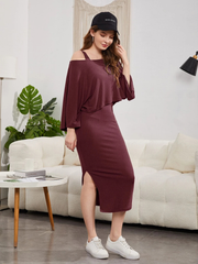 BATWING SLEEVE TOP & SPLIT HEM BODYCON DRESS SET 2 PIECE SET