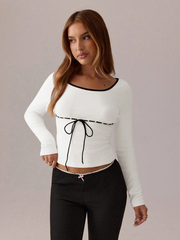 CONTRAST COLOR LACE TRIM DRAWSTRING NECK SOLID COLOR SLIM FIT LONG SLEEVE TOP