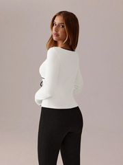 CONTRAST COLOR LACE TRIM DRAWSTRING NECK SOLID COLOR SLIM FIT LONG SLEEVE TOP