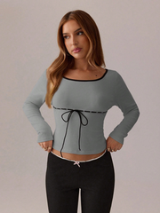 CONTRAST COLOR LACE TRIM DRAWSTRING NECK SOLID COLOR SLIM FIT LONG SLEEVE TOP