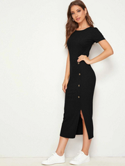 BUTTON DETAIL SPLIT HEM RIB-KNIT DRESS