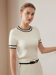 PREMIUM CONTRAST TRIM SHORT SLEEVE KNIT TOP