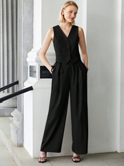 SOLID COLLARLESS V-NECK FRONT BUTTON VEST WAISTCOAT SUIT