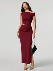 2PCS WOMEN OBLIQUE SHOULDER SHORT SLEEVE TOP AND SKIRT SET