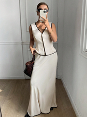 FRENCHY 2PCS WOMEN CONTRAST TRIM SLEEVELESS TOP & LONG SKIRT SET