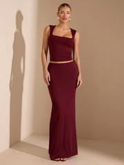 SOLID SQUARE NECK TOP AND SKIRT SUIT