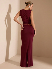 SOLID SQUARE NECK TOP AND SKIRT SUIT