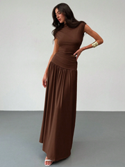 2PCS/SET STAND COLLAR RUCHED BLOUSE AND HIGH WAIST SKIRT SET