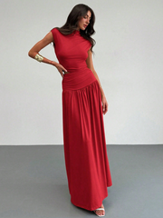 2PCS/SET STAND COLLAR RUCHED BLOUSE AND HIGH WAIST SKIRT SET