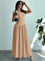 WOMEN'S SLEEVELESS SOLID COLOR ROUND NECK RUCHED WAIST LONG DRESS